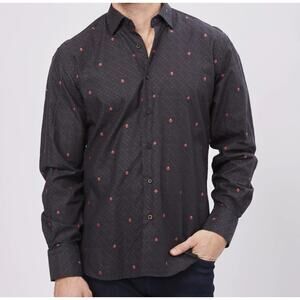 Luchiano Visconti Shirt Size L Black Red Paisley Diamond Overlay Cotton Button